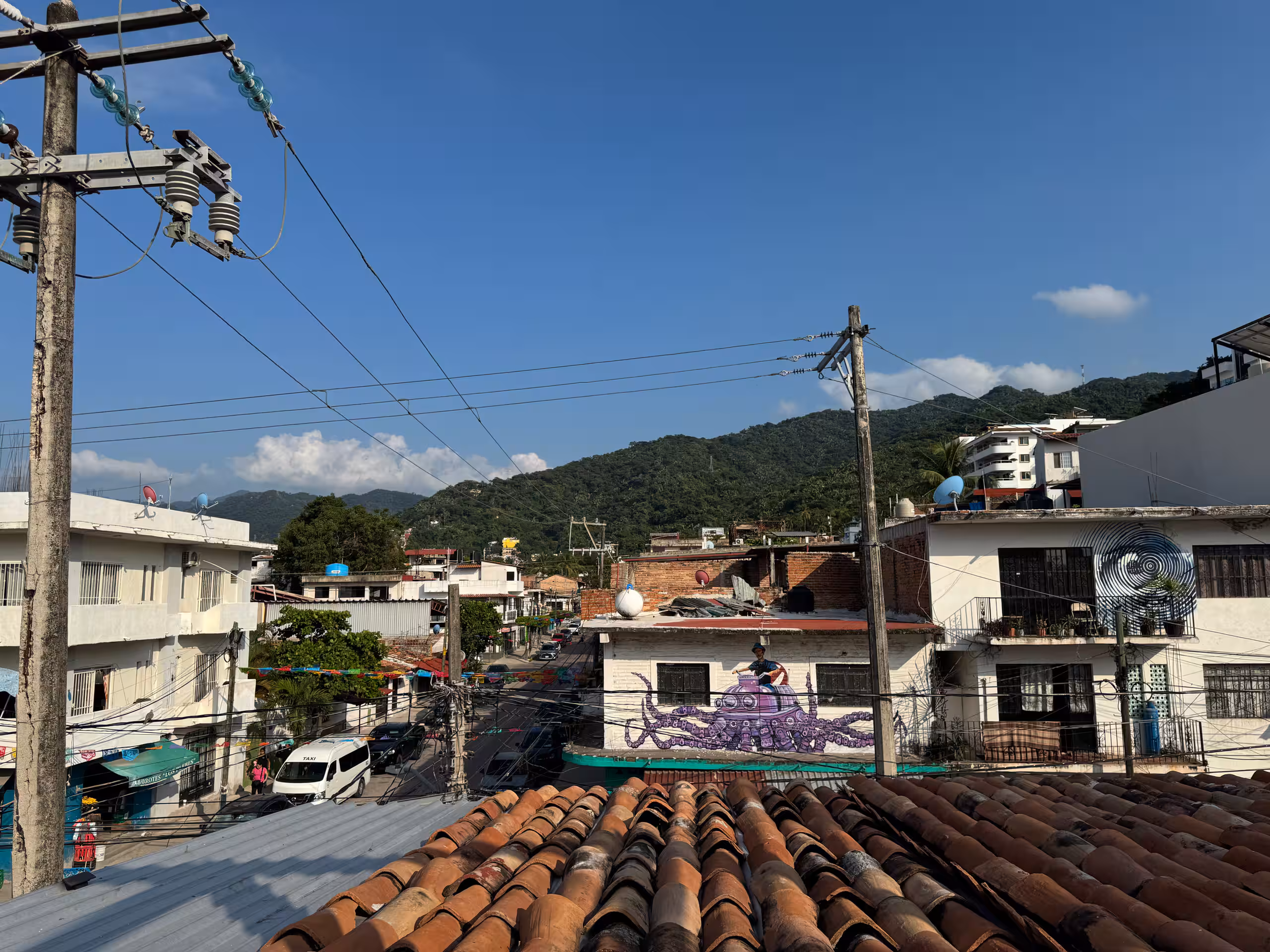 Neighborhood rooftops with hills in the distance